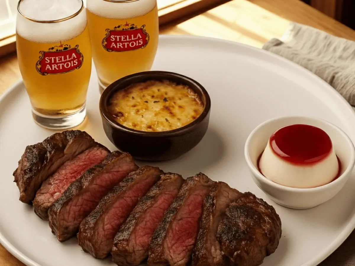 Ojo de bife en láminas con mozzarella fundida, pannacotta y dos cervezas Stella Artois