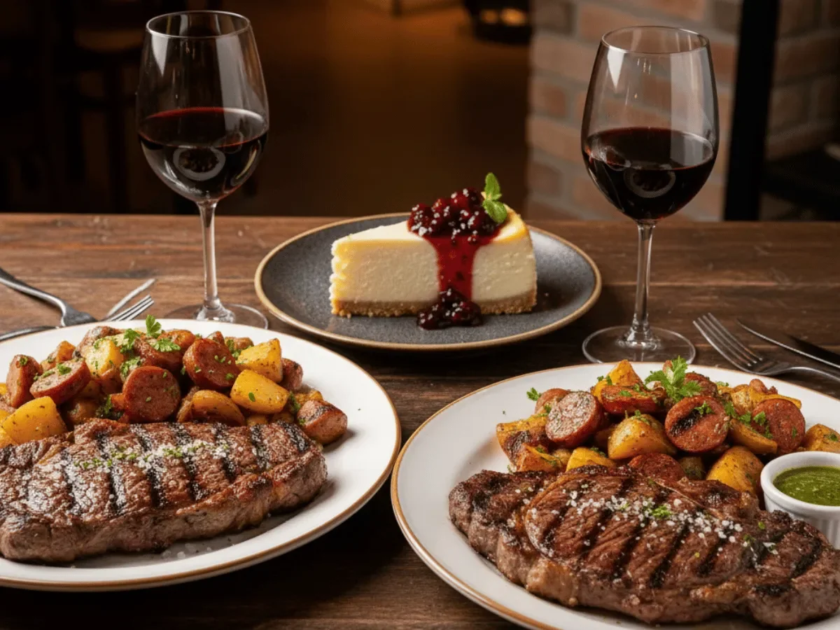 Dos bifes Angus a la parrilla con choripapa, dos copas de vino tinto y cheesecake